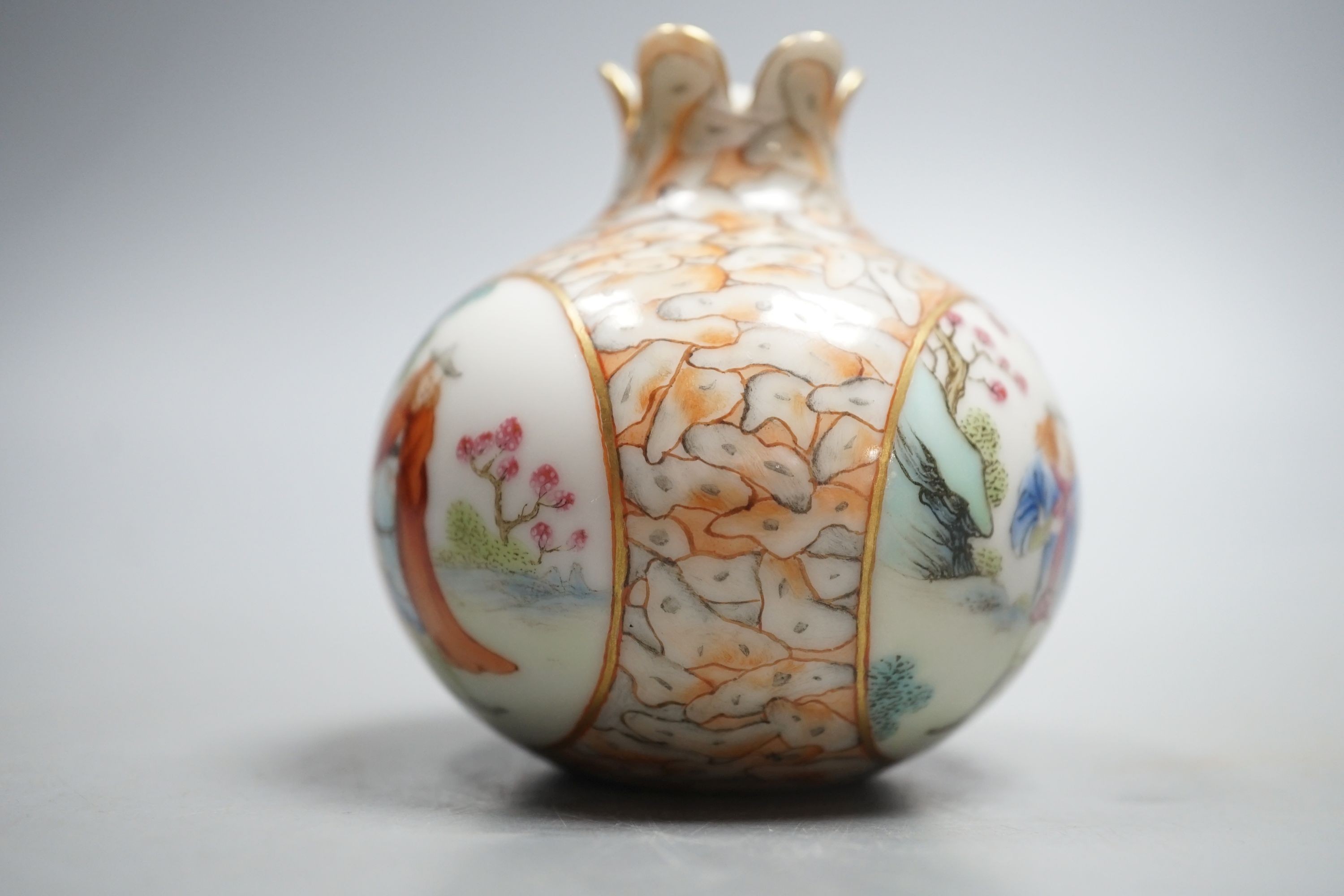 A Chinese enamelled porcelain fencai pomegranate shaped vase, 8 cm high